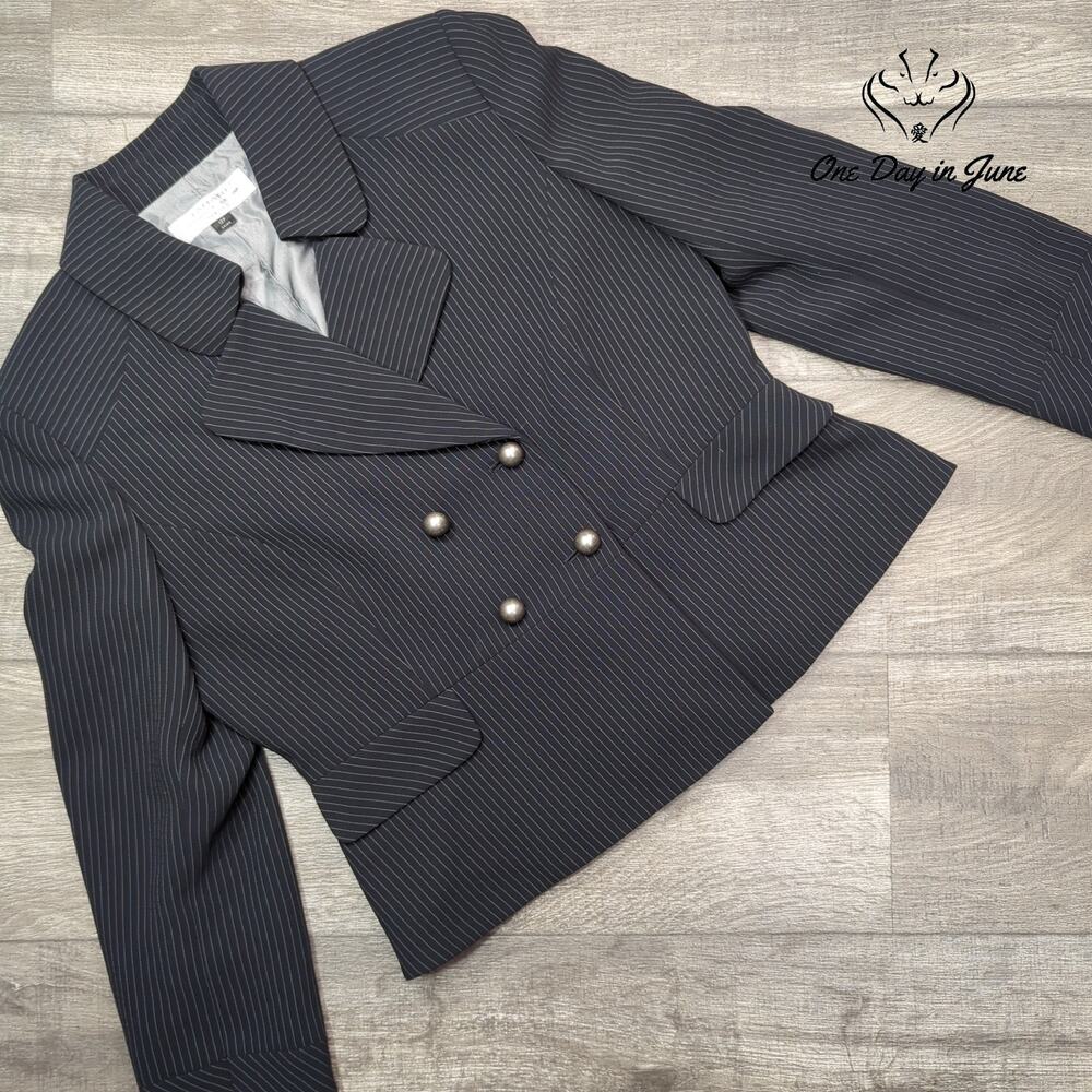 Tahari Arthur S Levine Petite Pinstripe Double Breasted Blazer Black Size 12P